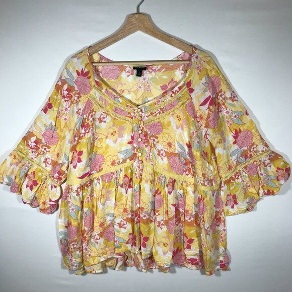 Torrid Women's 2 Yellow Floral Pull Over Raglan 3/4 Trumpet Sleeve Blouse Top - Picture 1 of 12
